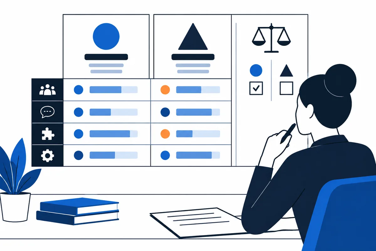 A seated person reviews two profile panels with colored bars, symbols, and a balance-scale panel on a display.