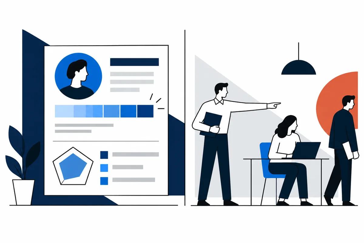 A profile-style report with colored bars and a pentagon diagram stands beside an office scene where one person points toward a seated person using a laptop while another person walks past.