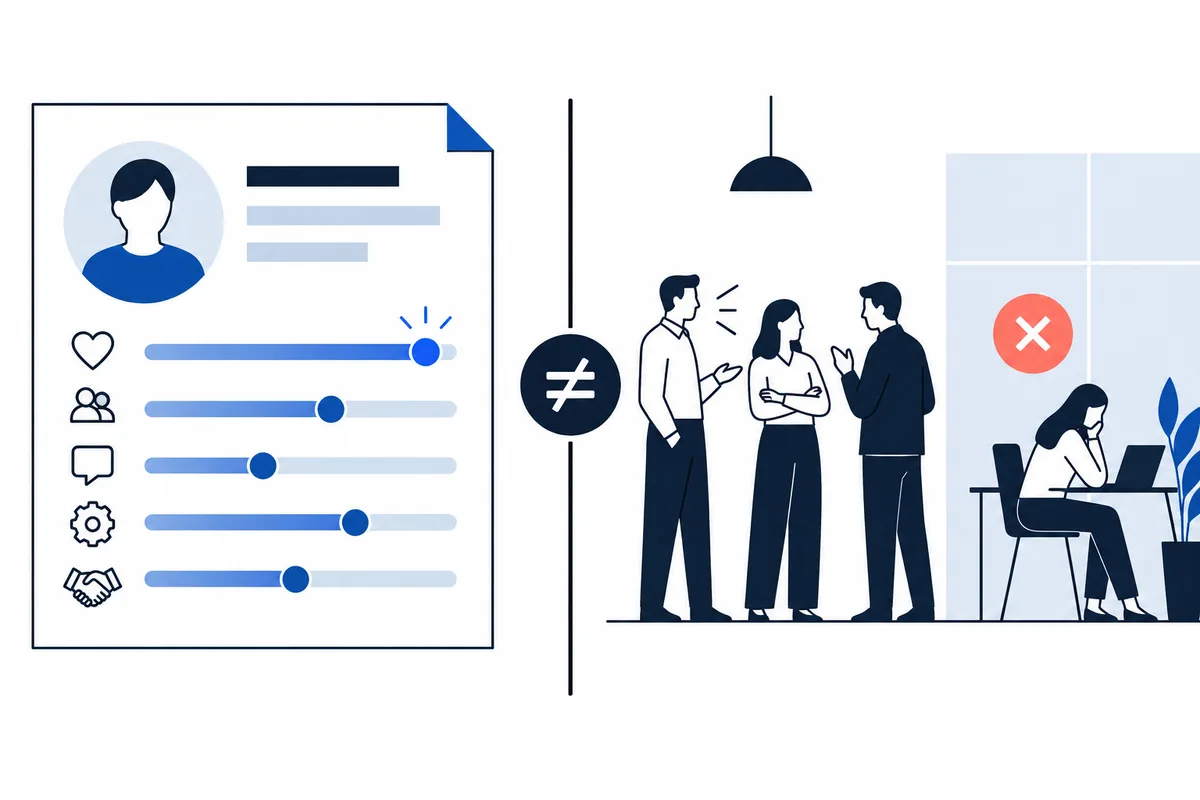 A profile document with an avatar, icons, and adjustable bars is separated by a not-equal symbol from three people talking and a seated laptop user beneath a red X.