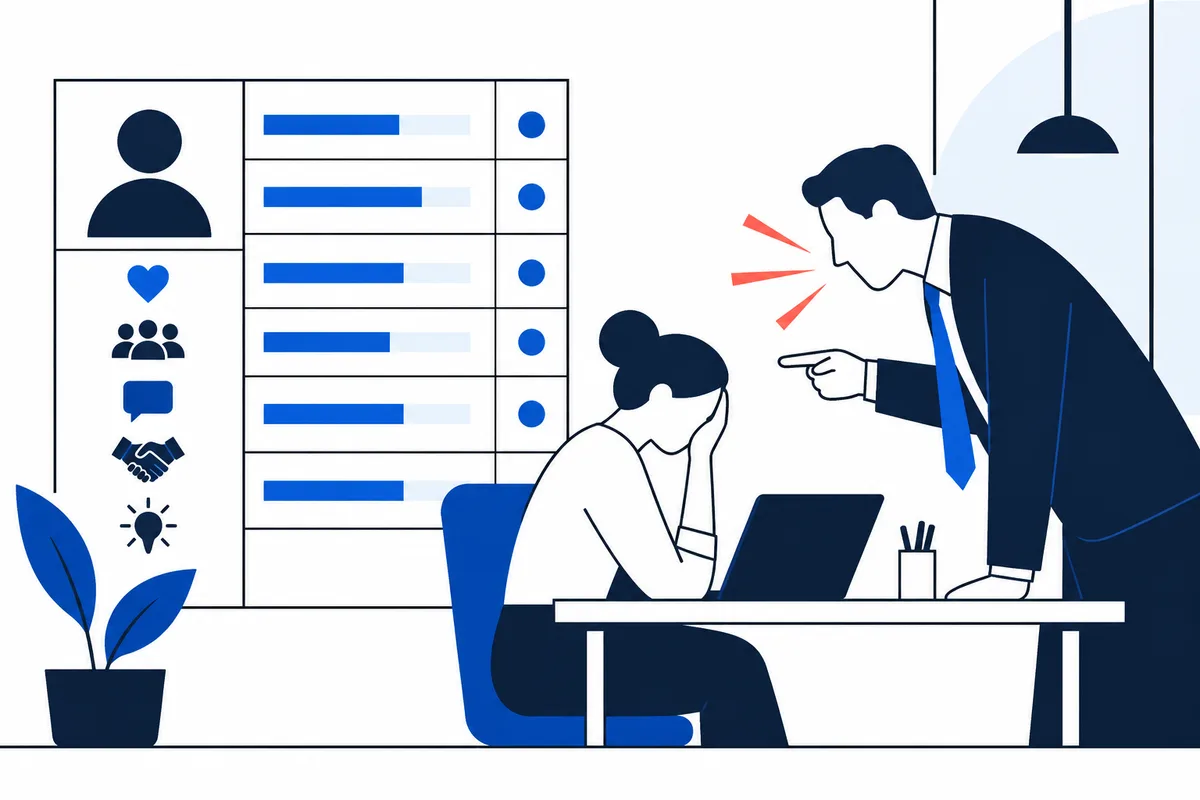 A seated person works at a laptop while a standing person points toward them with red lines near his face; an assessment panel with icons and blue bars fills the background.