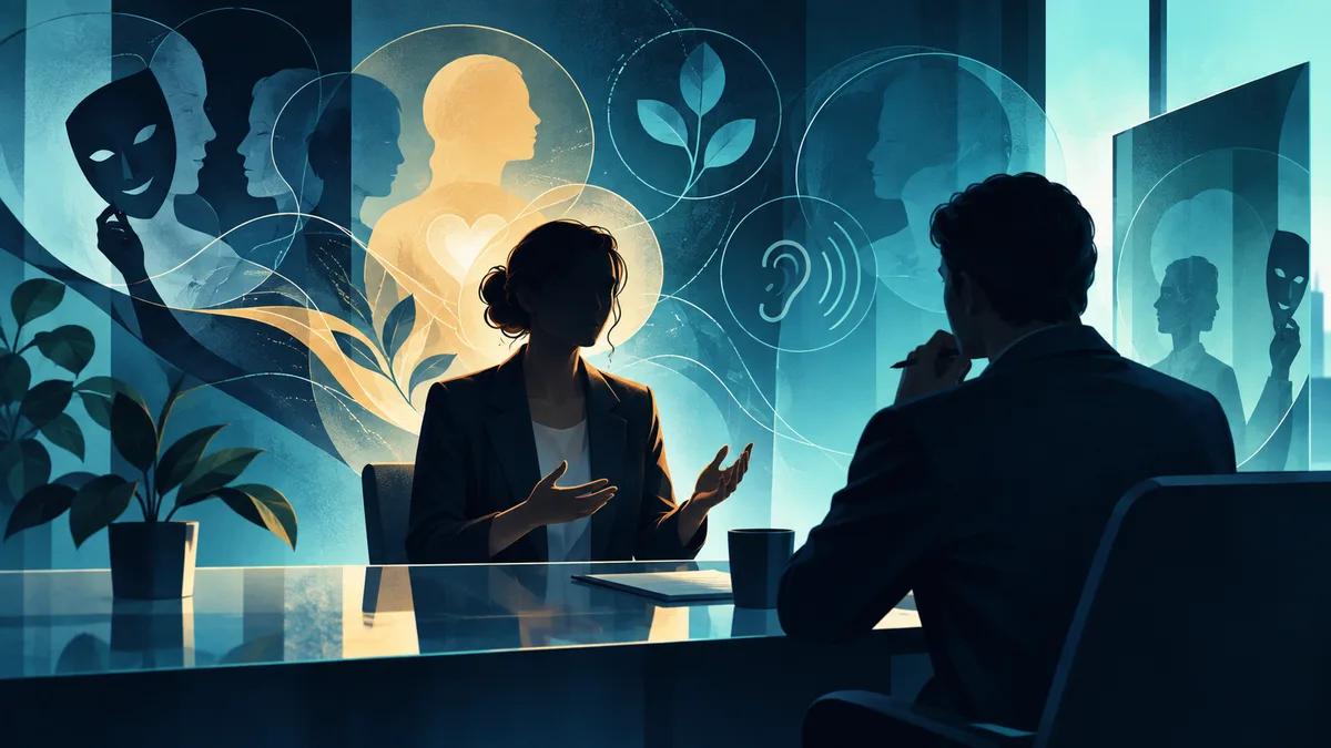 Two people sit across a glass table, one gesturing as the other listens. Abstract profile silhouettes, leaves, and an ear symbol appear in the teal background.
