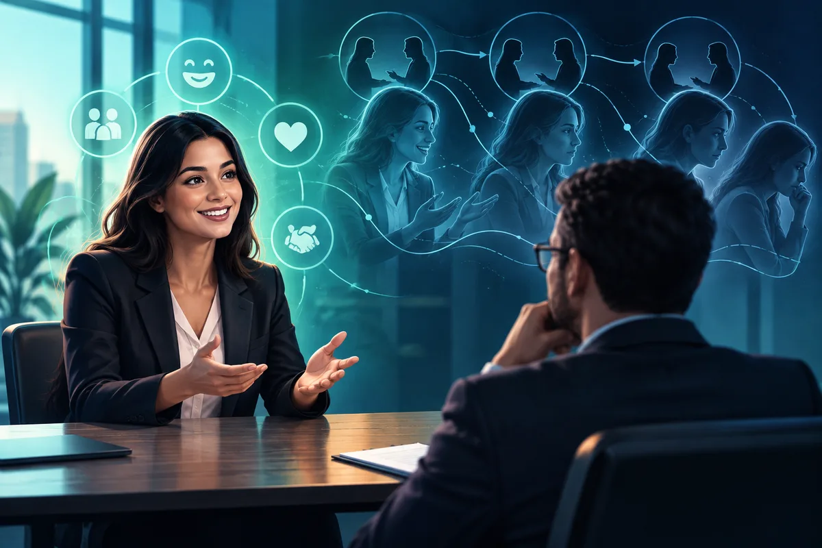 Two people sit across a table while one gestures. Glowing circles show a smiling face, a heart, a group of people, and a handshake, with conversation scenes behind them.