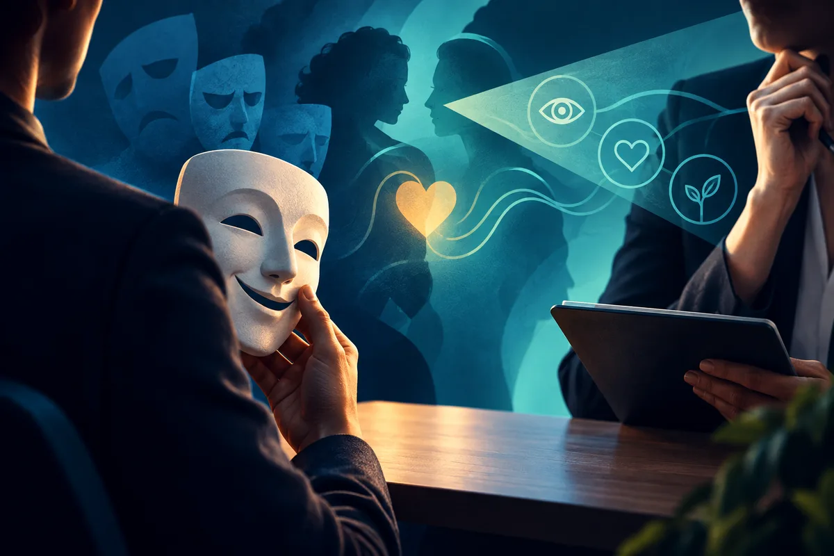 A person holds a white theatrical mask at a table while another holds a tablet. Silhouettes and symbols of an eye, heart, and leaf fill the background.