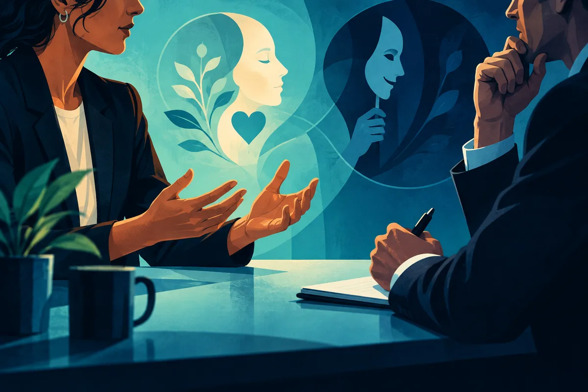 Two people sit across a glass table; one gestures while the other writes. Abstract face profiles, a leaf, a heart, and a dark theatrical mask appear behind them.