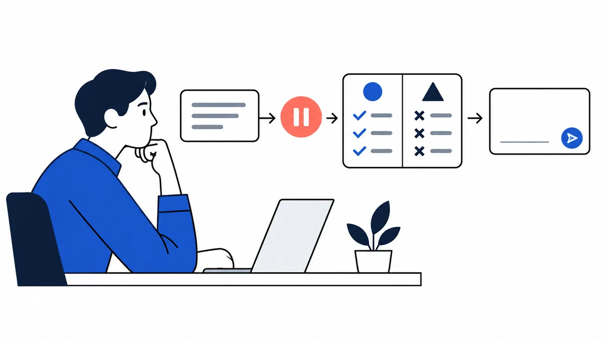 A seated person looks at a sequence of panels showing lines, check marks, crosses, and a pause symbol, with an arrow leading to a message box.