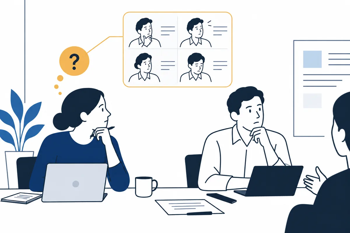 Two coworkers sit facing each other across a table, with a panel of four illustrated faces and a yellow question mark above them.