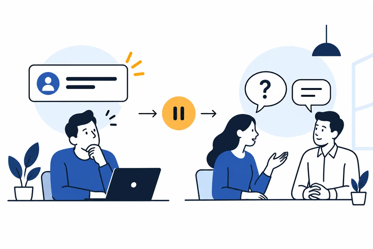 An illustration shows a person thinking at a laptop beside a message card, followed by a pause symbol and two people talking beneath question and message bubbles.