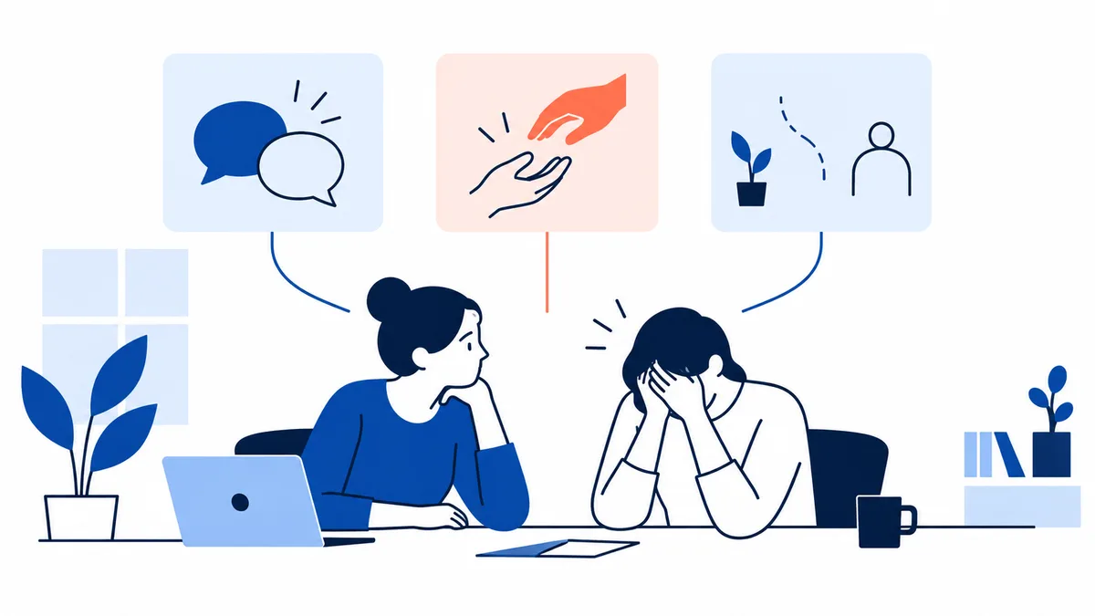 Illustration of two people seated at a table: one looks toward the other, who covers their face with both hands. A laptop, mug, plants and books surround them; panels above show speech bubbles, an offered hand, and a plant beside a person outline.