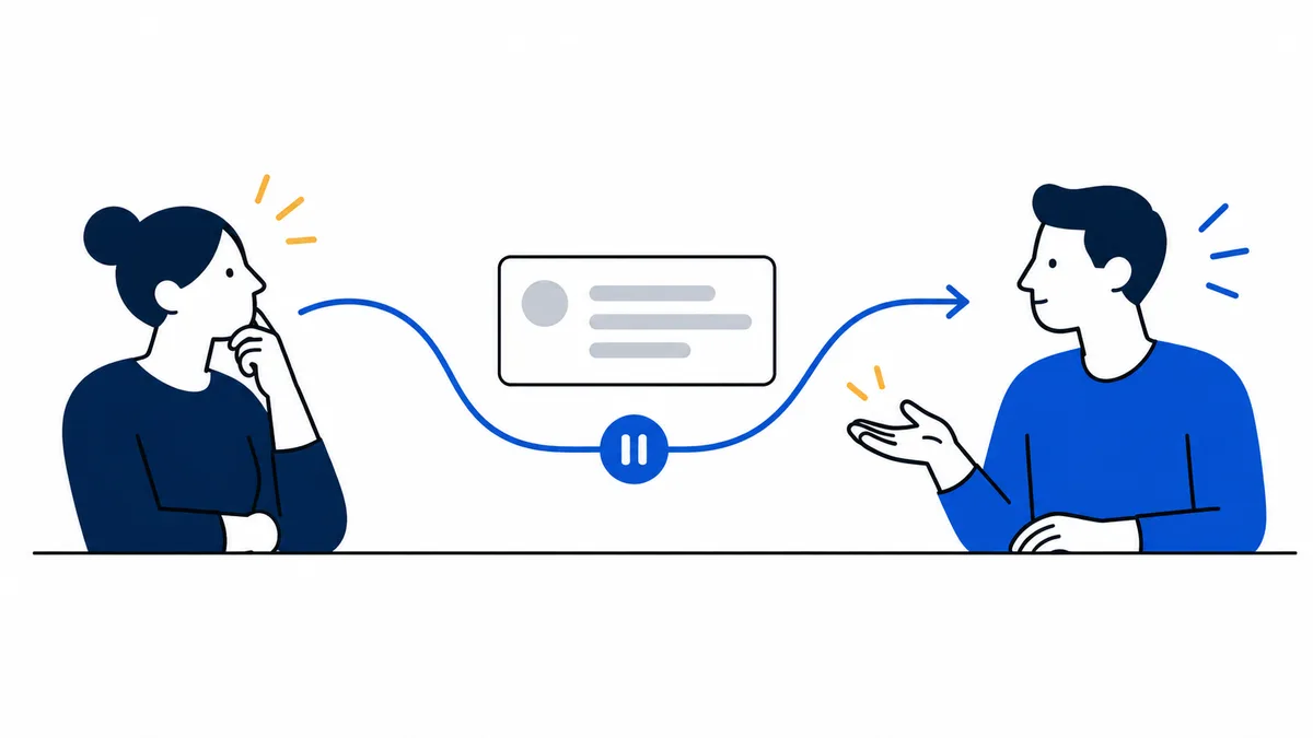 Two illustrated people face each other across a speech bubble, connected by a curved blue line with a pause symbol in the middle.
