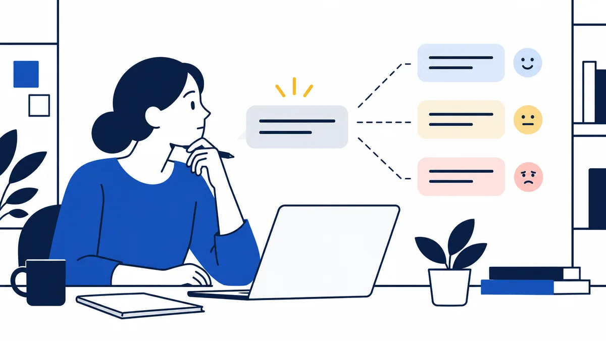 Illustration of a person at a laptop considering a message, with dotted lines leading to three reply options marked by smiling, neutral, and frowning faces.