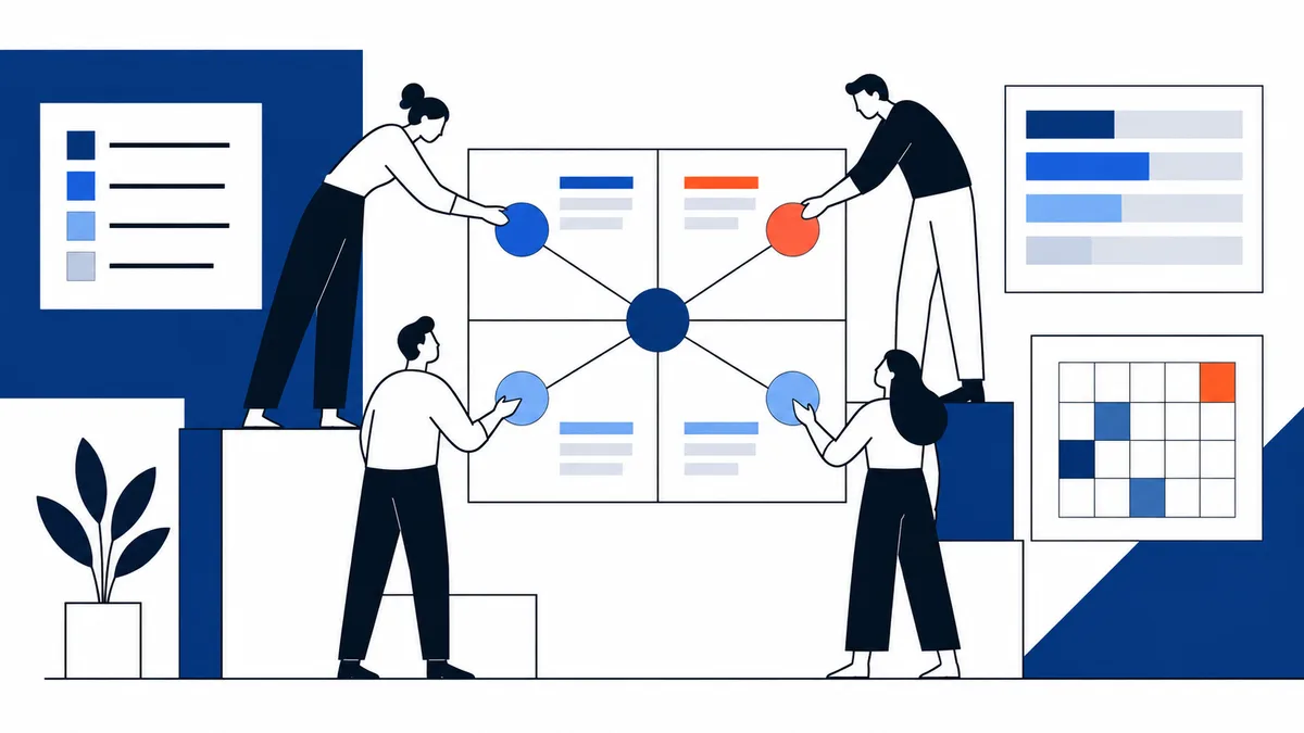 Four illustrated people gather around a central quadrant diagram with connected blue and orange circles, alongside horizontal bars, a color key, and a small grid chart.