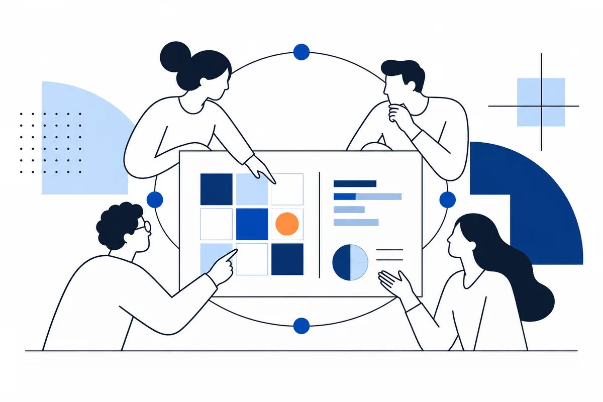 Four illustrated people discuss a large board showing a colored square grid, horizontal bars, and a half-blue, half-light-blue circle, enclosed by a circular line with blue markers.