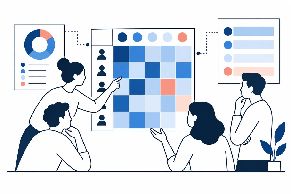 Four illustrated people examine a large blue-shaded matrix with orange cells, alongside a donut chart, color legend, and small person icons.