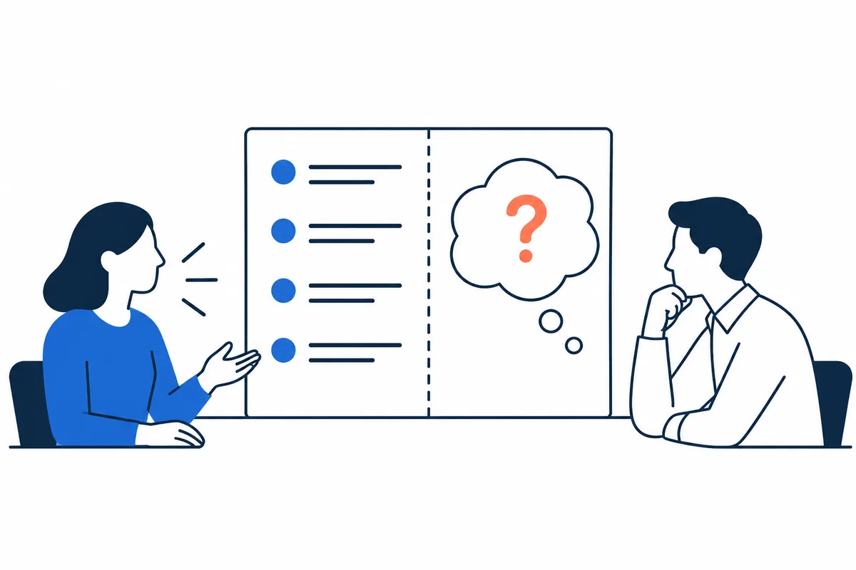 A seated woman gestures toward a divided board with four blue bullet points; a seated man looks at a question mark in a thought bubble on the other side.
