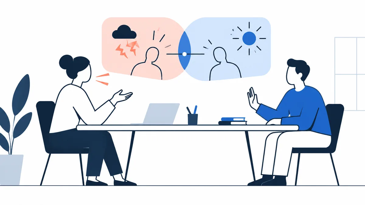 Two seated figures gesture across a table. Above them, overlapping pink and blue panels show outlined figures, a cloud with lightning, and a sun connected by a line.