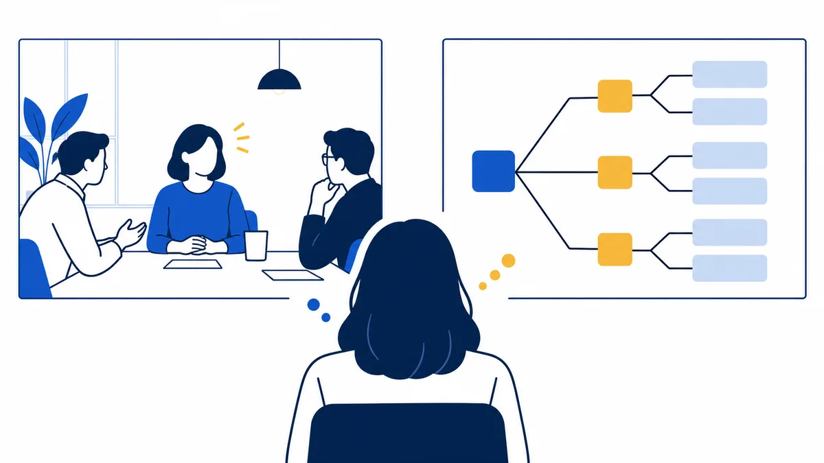 A seated person faces an inset meeting scene and a branching diagram of colored boxes.