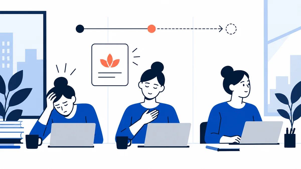 Three people in blue shirts work at laptops in an office; a wall display pairs a leaf symbol with a dashed line as a practice cue.