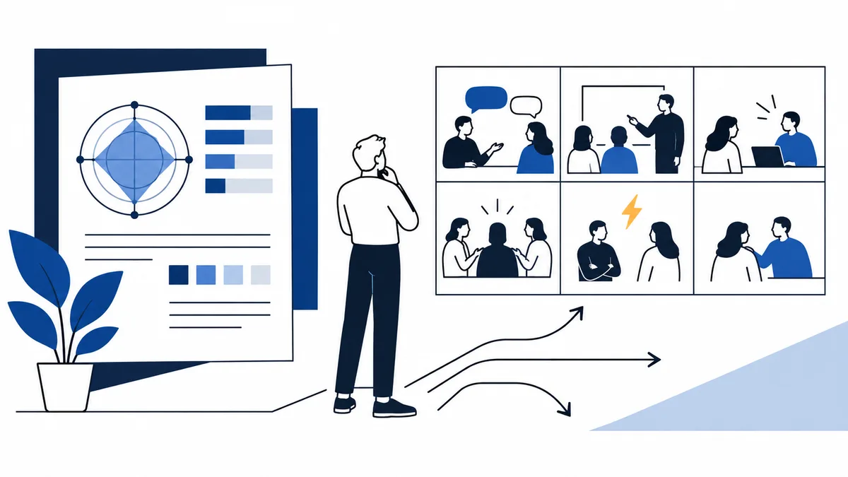 Flat illustration of a person beside a large radar-style chart and a six-panel grid of workplace conversations, presentations, and interactions, with branching arrows below.