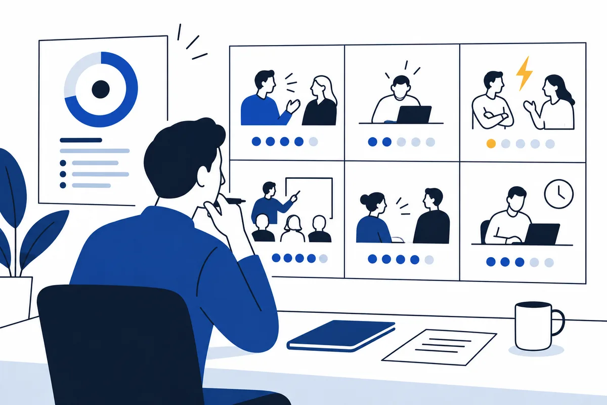 Flat illustration of a seated person viewing a screen with a circular chart and six small panels showing different workplace interactions, with a notebook, paper, and mug on the desk.
