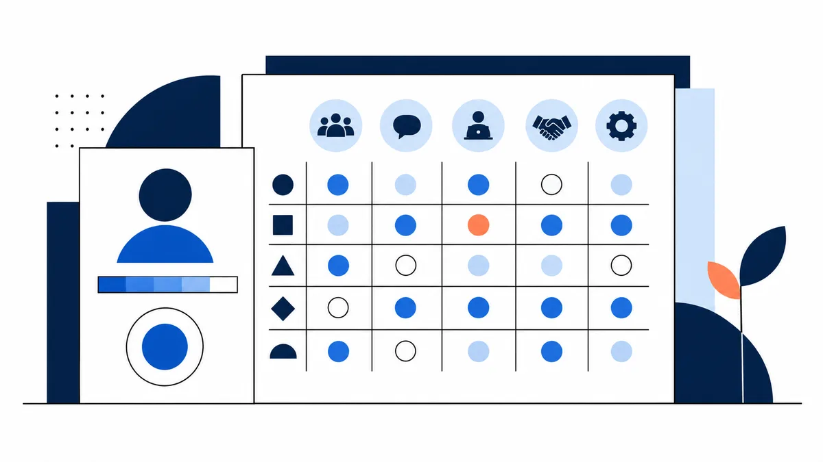 Flat illustration of a profile card beside a matrix of colored circles and shape markers beneath icons for groups, conversation, an individual, a handshake, and a gear.