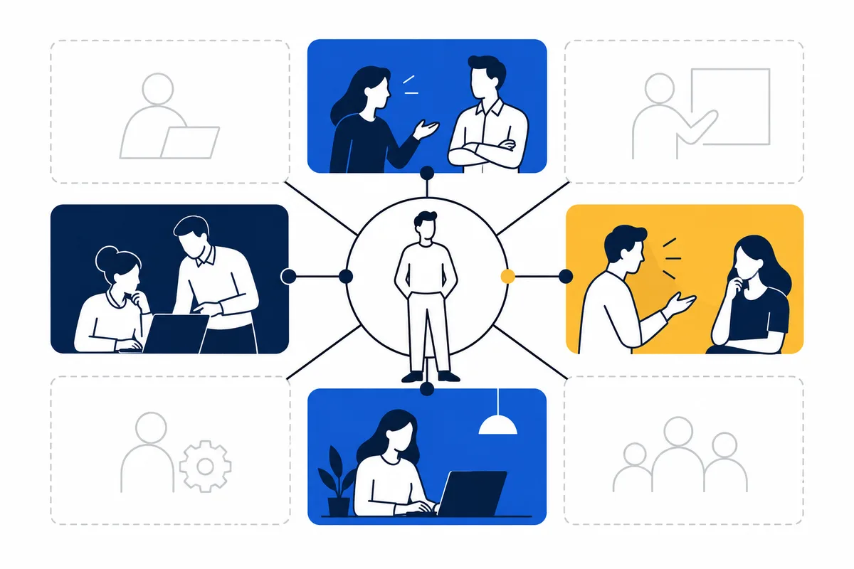 A central standing figure is connected to panels showing different workplace conversations and tasks, including pairs talking, a person at a laptop, and a group. Some panels are brightly colored while others are pale outlines.