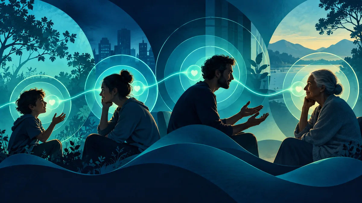 A child, two adults, and an older adult sit in separate scenes connected by glowing circles and lines, with trees, a city skyline, a lake, and mountains behind them.