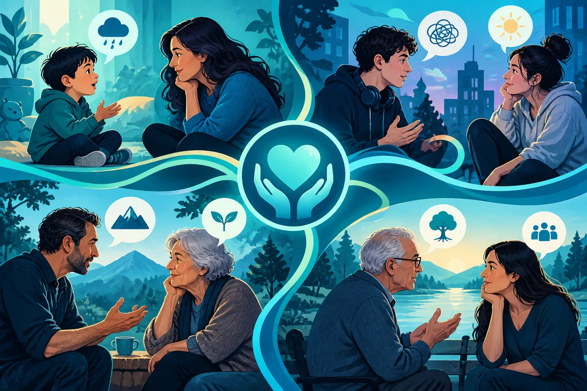 Four illustrated conversations between people of different ages surround a central circle showing hands holding a heart, with small speech bubbles containing simple symbols.