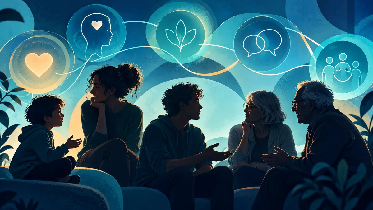 Several people of different ages sit together in conversation beneath connected glowing circles containing heart, leaf, speech, and group symbols.