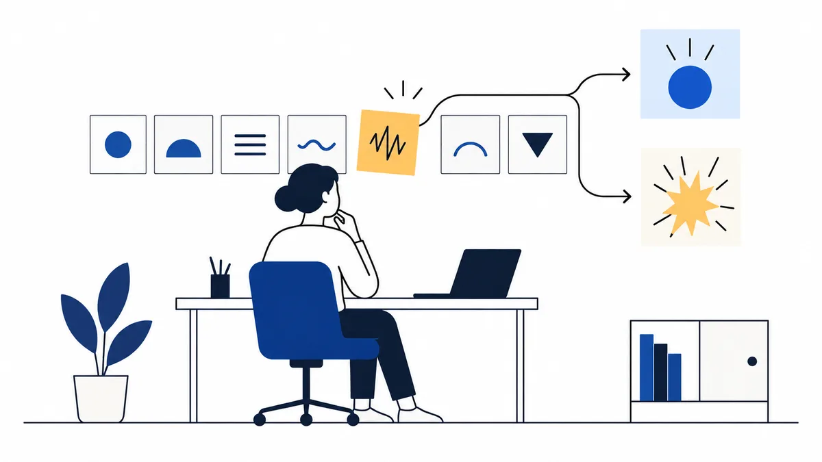A seated person at a desk studies a row of simple symbols. A highlighted jagged line branches toward a blue circle and a yellow burst.