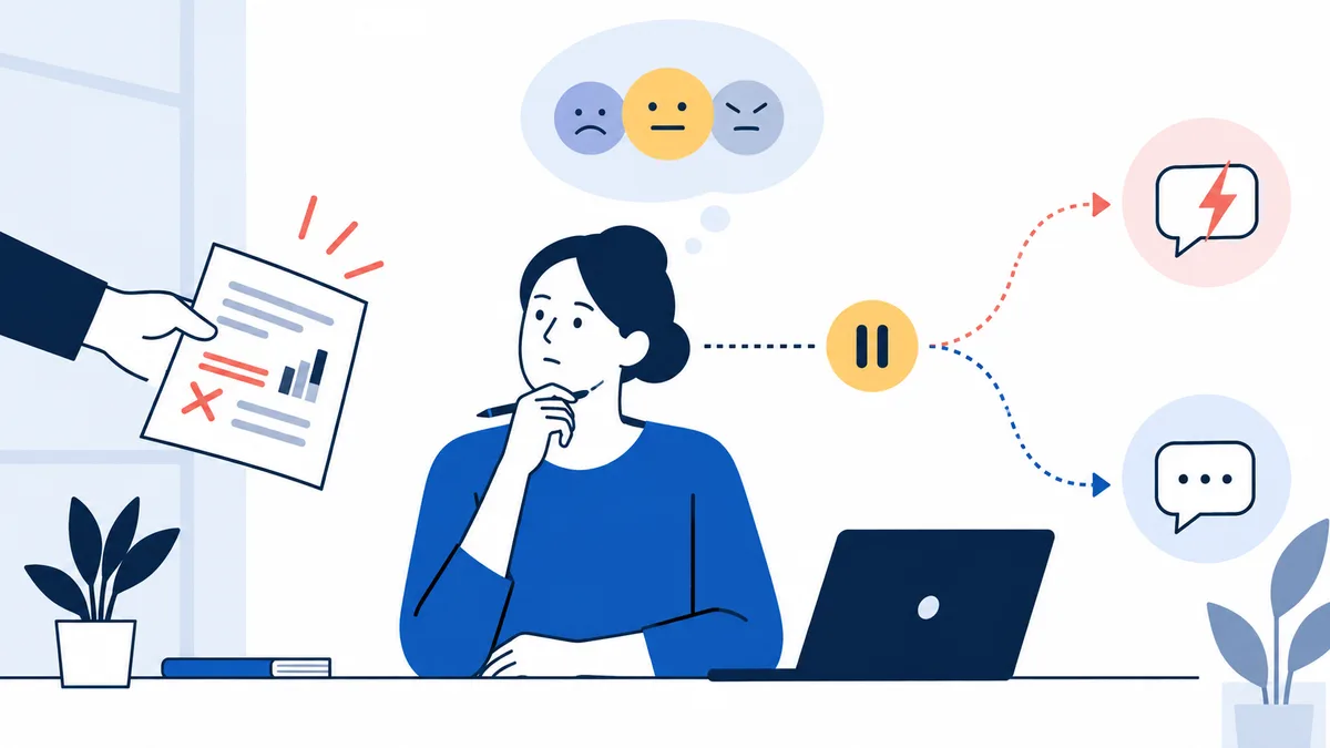 A seated person pauses at a desk beside a report with chart marks. Dotted lines branch from a pause symbol toward a lightning bolt and a speech bubble, with three face symbols above.