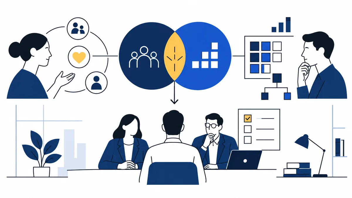 Flat illustration of two people facing inward around overlapping navy and blue circles, with group and geometric icons, a heart icon, bar charts, a grid, and a small meeting scene below.