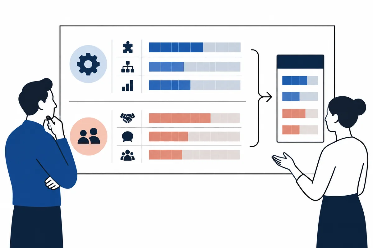 Two people stand beside a large panel showing blue and coral horizontal bar rows with gear, organization, handshake, speech, and group icons; an arrow points to a smaller summary panel.