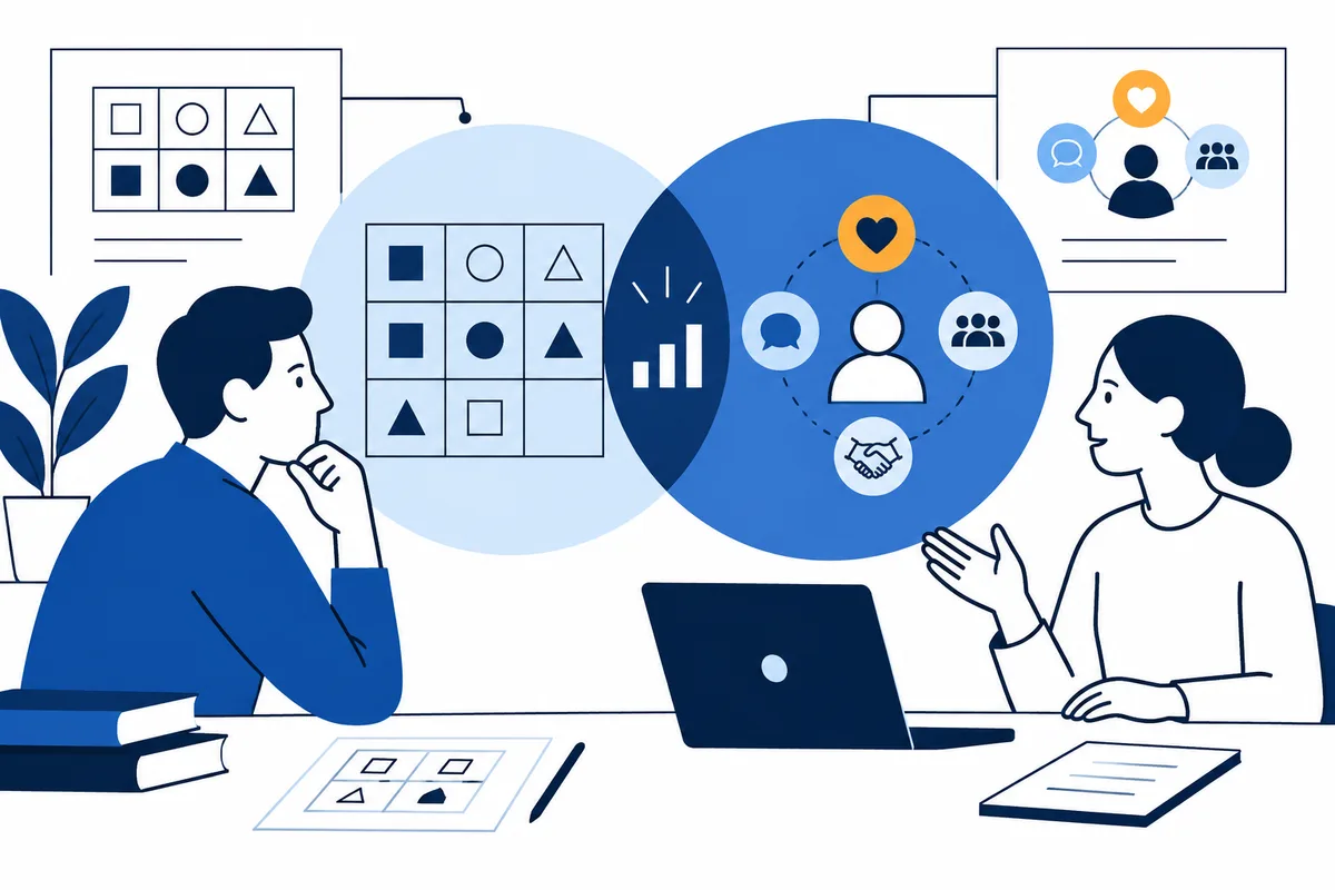 Two people sit at a table with a laptop and papers while overlapping circles display a bar chart, a geometric pattern grid, and speech, heart, group, and handshake icons.