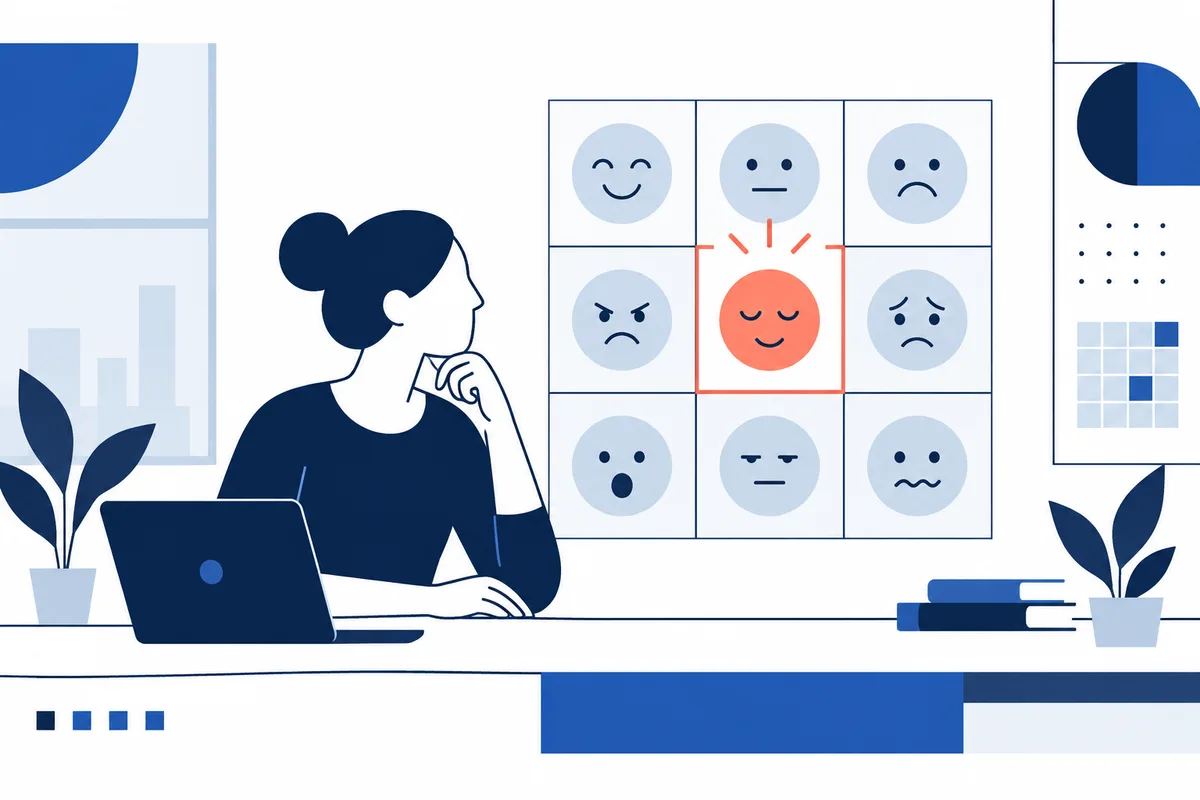 A person sits at a laptop beside a nine-panel grid of round facial symbols. The center coral-colored face is outlined and highlighted, with plants, books, and simple geometric panels around the scene.