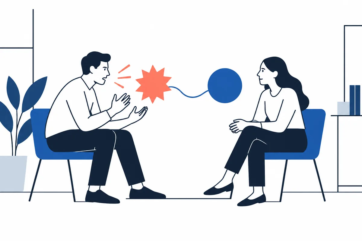 A seated man gestures toward a red burst shape as a woman listens; a wavy line connects it to a blue circle between them.