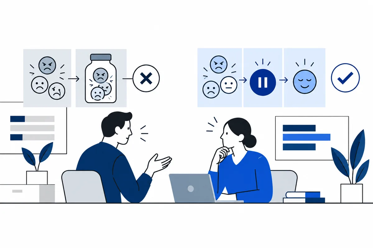 Two people sit at a desk with a laptop; one gestures while the other listens. Above them are panels with facial symbols, arrows, a pause icon, a check mark, and a crossed-out jar containing faces.