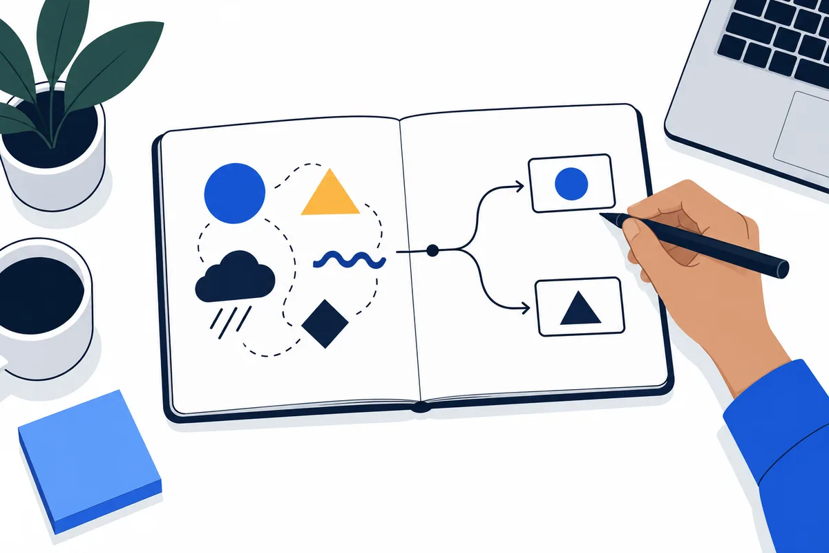 An open notebook shows circles, shapes, a cloud and a wavy line branching toward two boxed symbols as a hand draws with a pen.