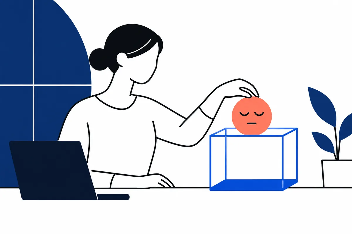 A person sits at a laptop and holds a hand above a transparent blue box containing a coral round face with closed eyes. A large dark blue panel and a potted plant are in the background.