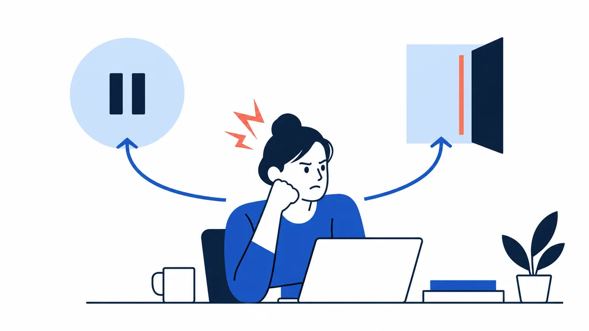 A frowning woman sits at a laptop beneath red zigzag marks, with arrows pointing toward pause and door symbols.