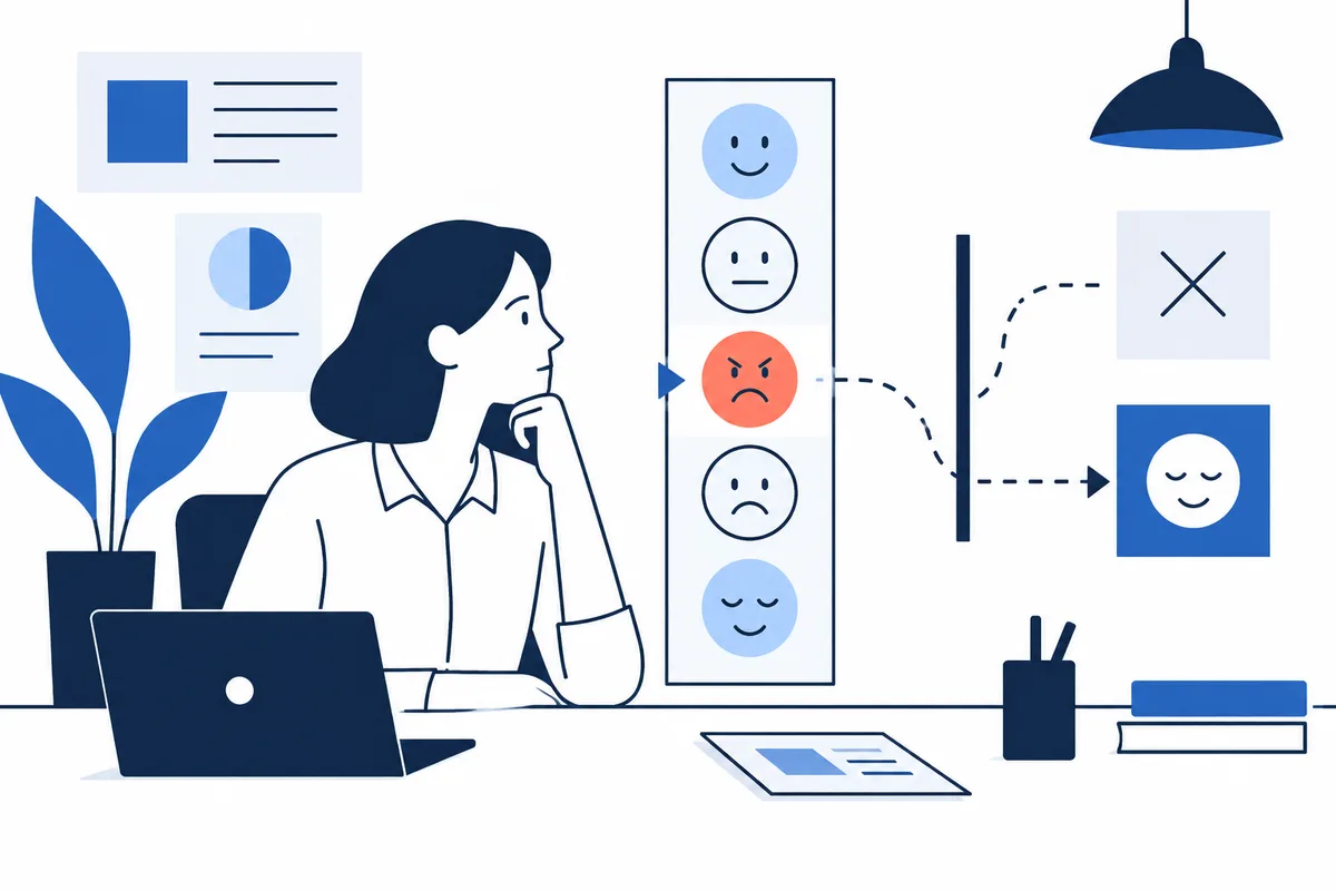 A person sits at a laptop beside a vertical panel of round facial symbols, including a red angry face. Dotted arrows lead around a divider toward a blue square with a calm face and a separate square marked with an X.
