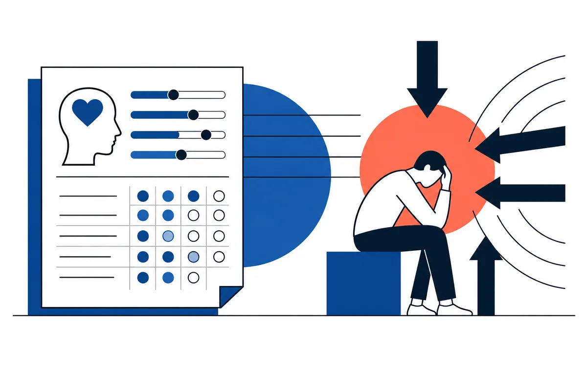 Illustration of a profile sheet with a head-and-heart icon and dot grids beside a seated person surrounded by arrows.