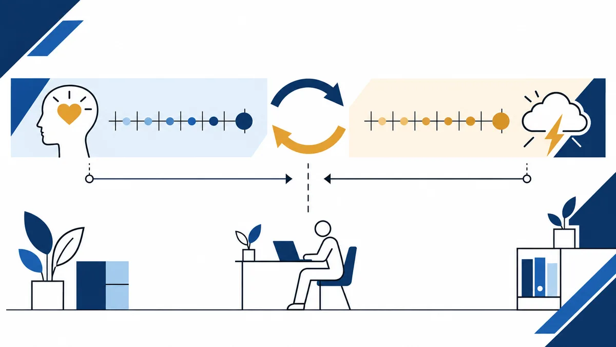 Illustration of a seated person working at a desk between two horizontal dot scales, a head with a heart, and a cloud with lightning, linked by circular arrows.