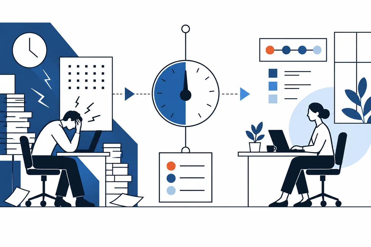 Flat illustration of two people working at desks, with one leaning over amid papers and lightning marks, a large clock-like gauge in the center, and the other working at a laptop on the right.