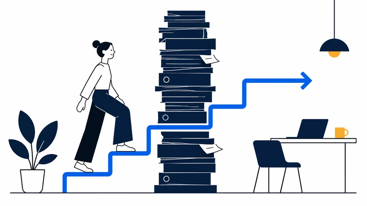 A person steps up a blue stair-shaped path beside a tall stack of books, toward a desk with a laptop and cup.