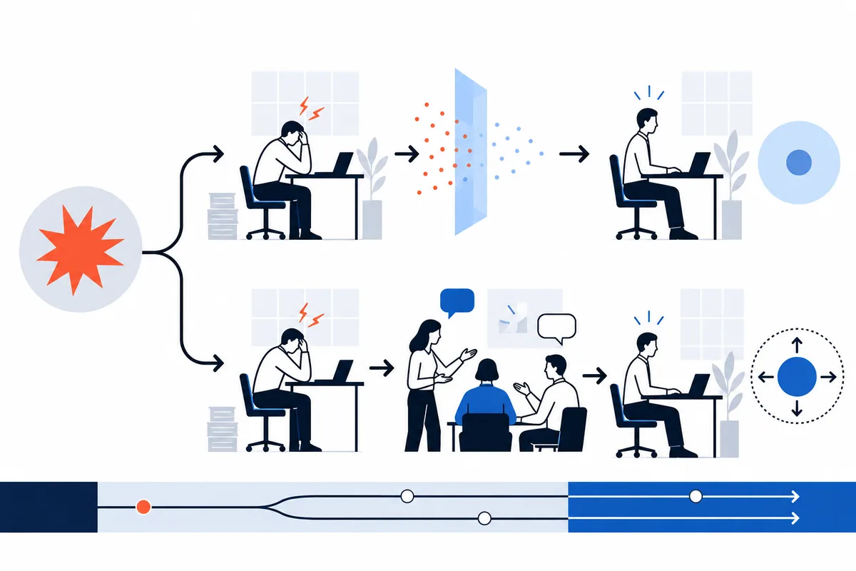 Branching illustrated sequence showing a seated person at a laptop, a colored dotted divider, and a seated person on the upper path; the lower path includes a small group conversation before returning to a seated person.