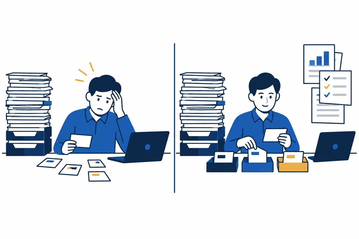 A split illustration shows a person at a desk beside tall paper stacks: on the left, papers cover the desk and the person holds their head; on the right, the person sorts papers beside a chart and checklist.