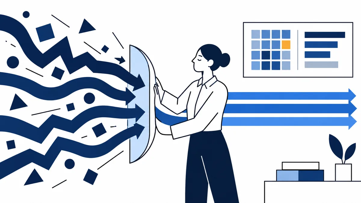 Illustration of a woman holding a curved shield against dark blue arrows and geometric shapes, with blue arrows extending behind her toward a small grid-and-bar graphic.