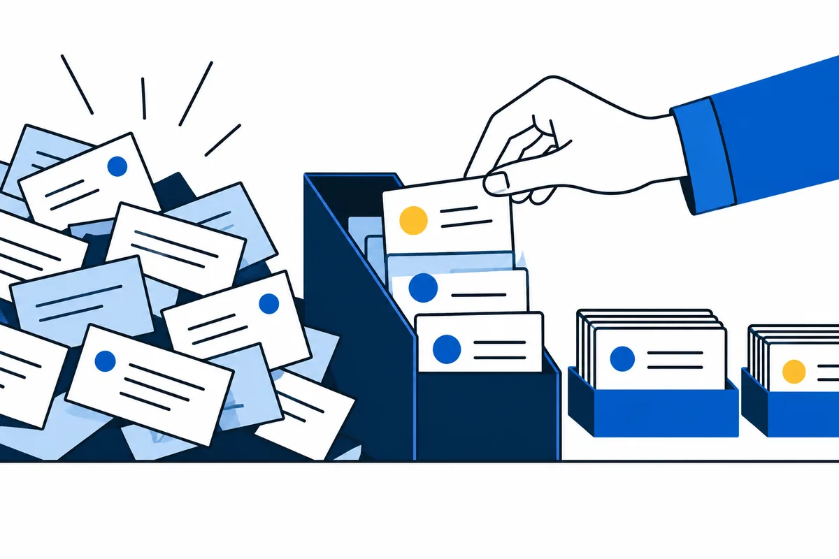 A hand places a card into a tray beside several sorted trays, while loose cards are piled on the left.