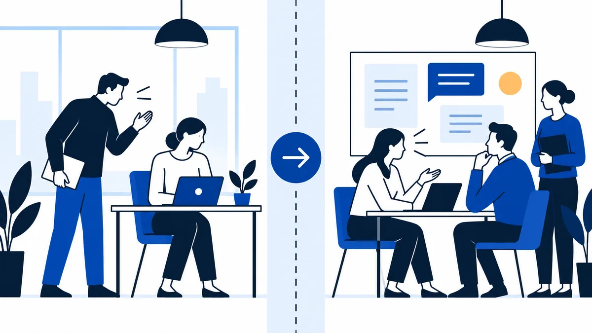 Two office scenes are separated by a dashed line and a right arrow: a standing person gestures beside a seated laptop user on the left, while coworkers discuss around a table beneath a display on the right.