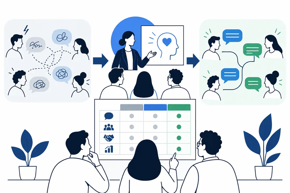 Flat illustration of a group discussion developing into a presentation about a head outline with a heart symbol, followed by people exchanging speech bubbles. Three people review a grid with colored columns in the foreground.